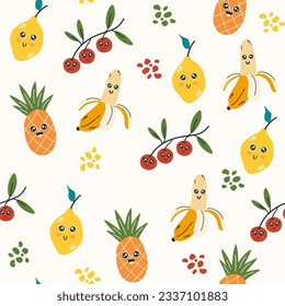 Fruit character seamless pattern. Banana, pineapple, lemon and berries. Cute t-shirt and textile design for kids clothing. Use for fashion wear, t-shirt print, textile, surface design. Vector