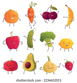 Fruit characters cartoon icons set with happy dancing orange and carrot isolated vector illustration