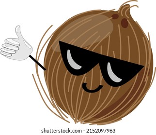 Fruit characters. A cool cartoon Coconut character wearing sunglasses and doing a thumbs up isolated on white background. Vector