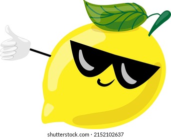 Fruit characters. Cool yellow lemon wearing black sunglasses and doing a thumbs up and smiling. Cartoon lemon character resting. Vector isolated on white