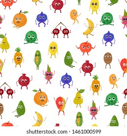 Fruit characters with eyes and mouths. Emotions and smiles. Seamless pattern on white background. Healthy food and diet. Vector illustration.
