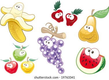 Caracteres de fruta. Caricatura divertida e ilustración vectorial.