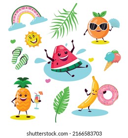 Fruit characters on the summer beach. Bathing a watermelon slice, an orange with a shell, a pineapple with a cocktail, a banana with an inflatable ring. Cheerful sun. Vector illustration.