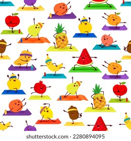 Fruit characters on yoga seamless pattern. Vector background with cheerful apple, pear, watermelon, kiwi, banana, pineapple and plum with garnet personages stretching, squatting and exercising on mats