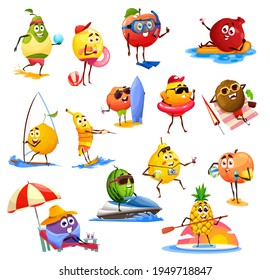 Fruit characters performing summer leisure activities on beach vector design of travel and vacation. Apple, orange, pineapple and watermelon, banana, mango and lemon sunbathing, swimming and surfing