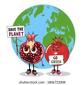 Fruit characters with placards and posters on strike for climate change. Pomegranate holding in his hand poster with text save the planet and go green. Copy space. Template for any proecological  text