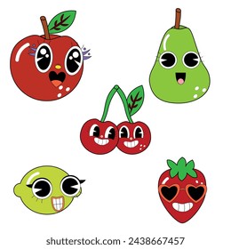 Fruit characters in a retro groovy style. Vector set of EPS stickers 10