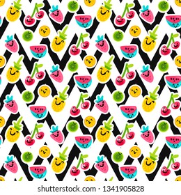 Fruit characters seamless vector pattern. Orange, kiwi, cherry emoji, stickers on zigzag background