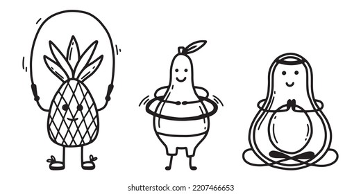 Fruit characters. Set of characters with fruits. Sports fruits. Doodle style. vector illustration. Pineapple, pear and avocado are sporting.