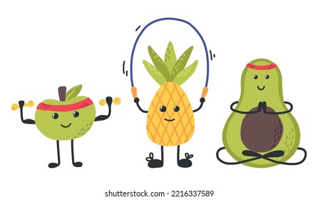 Caracteres de fruta. Conjunto de caracteres con frutas. Frutas deportivas. Estilo dibujado a mano. ilustración vectorial. Apple, pera y aguacate son Sporting.