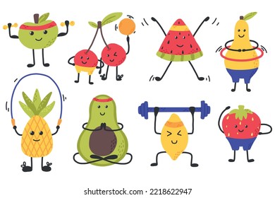 Fruit characters set. Sports characters. Flat style. Vector illustration. Avocado, apple, nananas, lemon, strawberry, pear go in for sports.