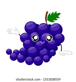 Fruit characters. Smiling cute kawaii blue with purple grape Cartoon Character shows a hand on something . Vector
