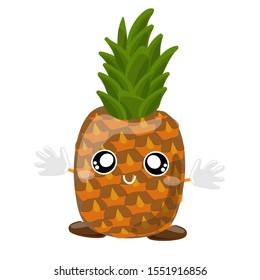 Fruit characters. Smiling cute kawaii happy Pineapple Fruit With Green Leafs With Open Arms For Hugging. Vector