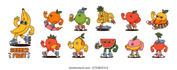 Fruit characters. Summer funky mascots. Cartoon retro juicy strawberry, apple, happy cherry, peach, pineapple, watermelon, lemon, orange. Comic food. Vector set.