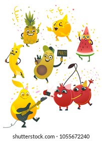 Fruit characters summer party set. Vector cartoon Banana in party hat, mustache pear playing guitar dancing, cherry making selfi, watermelon, orange in fancy sunglasses, avocado drink beer, pineapple