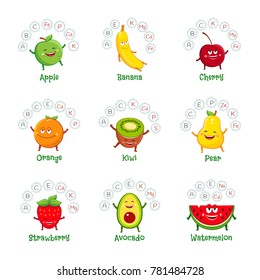 Fruit characters with vitamins and minerals. Healthy food icons set