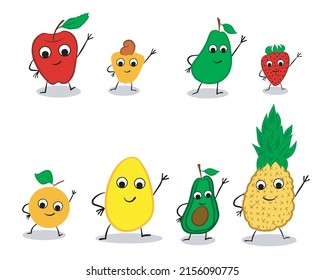 Fruit characters waving. Fruit set with apple, cashew, avocado, strawberry, orange, melon and pineapple. Isolated vector illustration with white background.