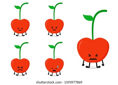 Fruit cherry character vector illustration set for sad expression. Isolated from the the white background.