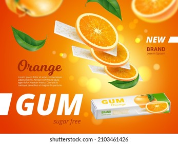 Fruit chewing gum. Citrus bubblegum. Realistic flying refreshing sticks with orange slices. Chewy stripes and leaves. Sugar free. Packaging design for branding. Vector