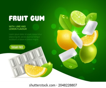 Fruit chewing gum. Lime and lemon taste bubblegum, vortex of flying citrus slices with leaves and white pads, fresh taste candies double flavor, oral health product, vector advertising poster