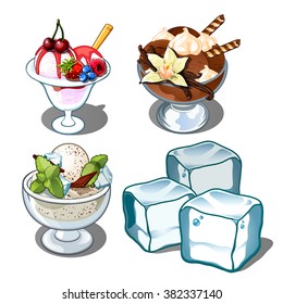 Fruit, chocolate and mint ice cream. Ice cubes. Vector illustration.
