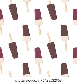 Fruit and chocolate popsicle ice cream on a stick. Seamless pattern in vector flat style. 