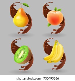 Fruit and Chocolate splash Realistic vector kiwi, peach, banana, pear.