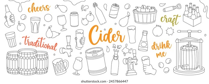 Fruit cider outline set. Wooden barrels, cans, glasses, mugs, metal keg, bottle opener, tap. Cider process production. Craft fruit beer collection.