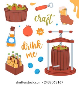 Fruit cider set. Wooden barrels, cans, glasses, mugs, metal keg, tap. Hand drawn fruit beer collection. Harvest of pears, apples, plums, pomegranate