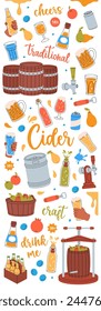 Fruit cider set. Wooden barrels, cans, glasses, mugs, metal keg, bottle opener. Cider process production. Harvest of pears, apples, plums, pomegranate