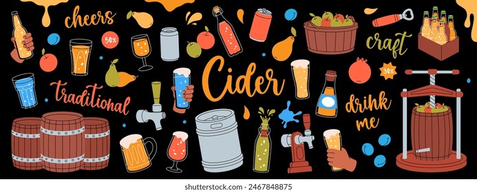 Fruit cider set. Wooden barrels, cans, glasses, mugs, metal keg, bottle opener, tap. Hand drawn craft fruit beer collection. Cider process production.