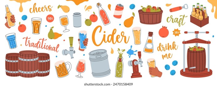 Fruit cider. Wooden barrels, cans, glasses, mugs, metal keg, bottle opener, tap, fruits. Craft fruit beer collection. Cider process production.