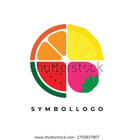 Fruit circle logo, vibrant mixed slices, colorful fresh theme, central fruit symbol, modern healthy visual identity