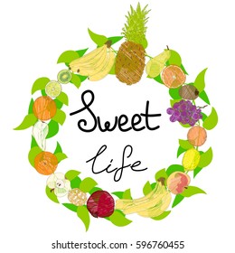 Fruit circle wreath tropical summer style with lettering sweet life