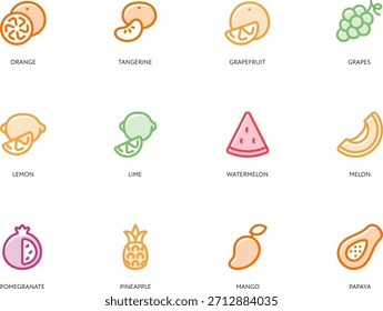 Conjunto de iconos de frutas y bayas cítricas. Ilustración vectorial. Símbolo de color moderno plano. Colección de alimentos saludables. Pictogramas de naranja, mandarina, pomelo, uvas, limón, sandía, melón, mango, papaya
