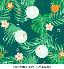 Fruit and citrus seamless pattern with strawberries and oranges on a green background. Tropical background with fruits and leaves.