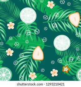 Fruit and citrus seamless pattern with strawberries and oranges on a green background. Tropical background with fruits and leaves.