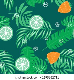 Fruit and citrus seamless pattern with strawberries and oranges on a green background. Tropical background with fruits and leaves.