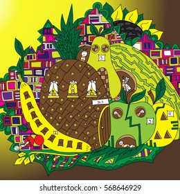 Fruit city. Insects in fruit houses. Fictional street. Freehand sketch. Bright illustration.