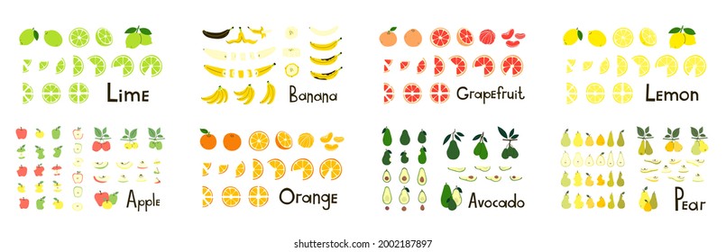 Fruit clipart bundle. Lemon lime orange grapefruit pear avocado apple banana. Fruits whole and cut, half and slices. Positive modern vector illustrations in flat style