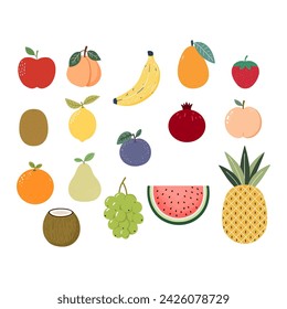 Fruit clipart set. Hand drawn illustrations in nordic and flat style isolated on white for kids	