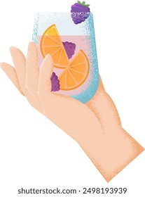 Fruit cockctail glass in human hand textured icon