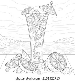 Fruit cocktail with blueberries, lemon slices, ice cubes, mint, umbrella with pea patterns, seaside, sky. Summer illustration, freshness. For coloring book pages.