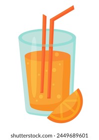 Fruit cocktail in glass with straw. Fresh orange summer drink. Vector illustration.