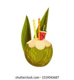 Fruit Cocktail In Green Coconut With Slice Of Watermelon, Straws And Palm Leaves Vector Illustration