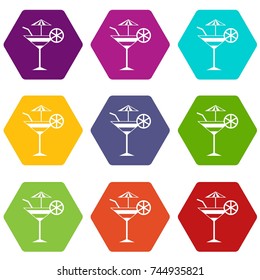 Fruit cocktail icon set many color hexahedron isolated on white vector illustration