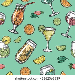 Fruit cocktail pattern seamless colorful with alcoholic drink in glasses with straw and slices of lemon and orange vector illustration
