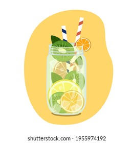 Fruit cocktail with slice lemon, orange, leaf mint. Vector illustration flat design. Isolated on white background