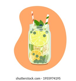 Fruit cocktail with slice lemon, orange, leaf mint. Vector illustration flat design. Isolated on white background