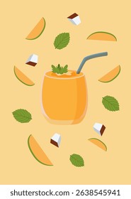 Fruit cocktail smoothies with melon, coconut and mint on the background. Slices and cubes scattered around the glass. In cartoon style on yellow background. Suitable for summer designs.